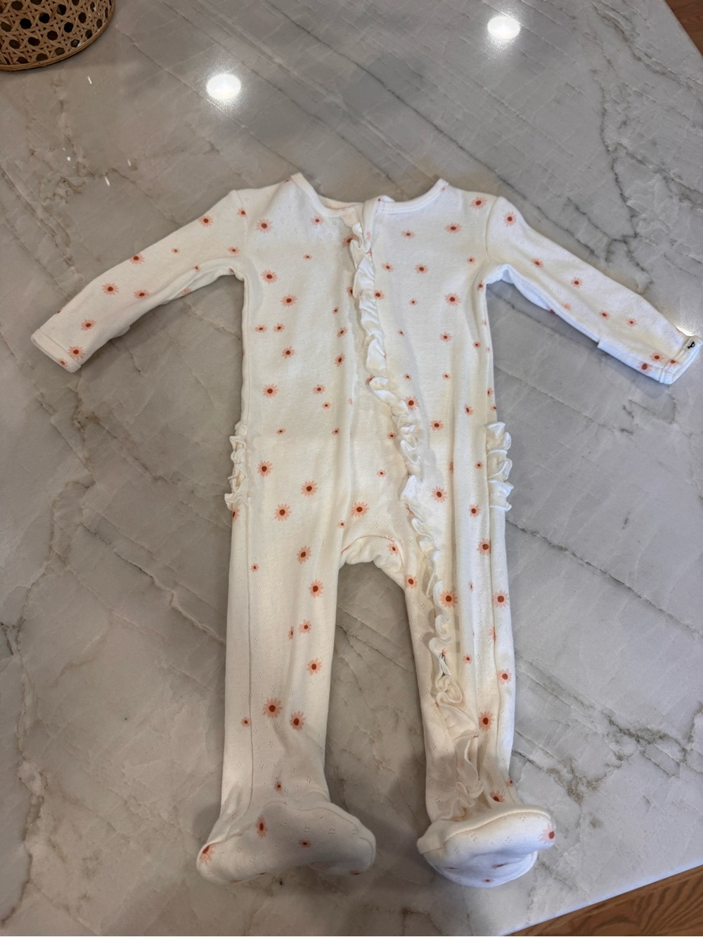 NWOT OH BABY! White Footed Baby One-Piece with Peach Daisy Print and Ruffle Trim